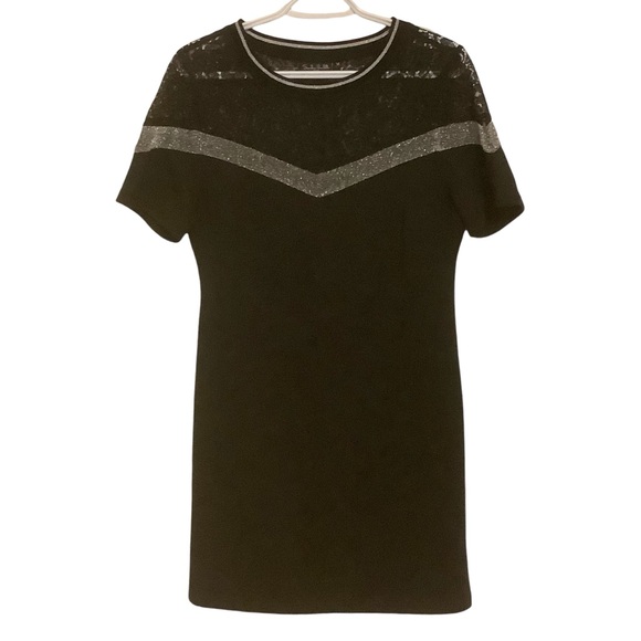 SANDRA VENDITTI BLACK & METALLIC SILVER/ LACE SHORT SLEEVE MIDI DRESS/ Size M - Picture 1 of 9